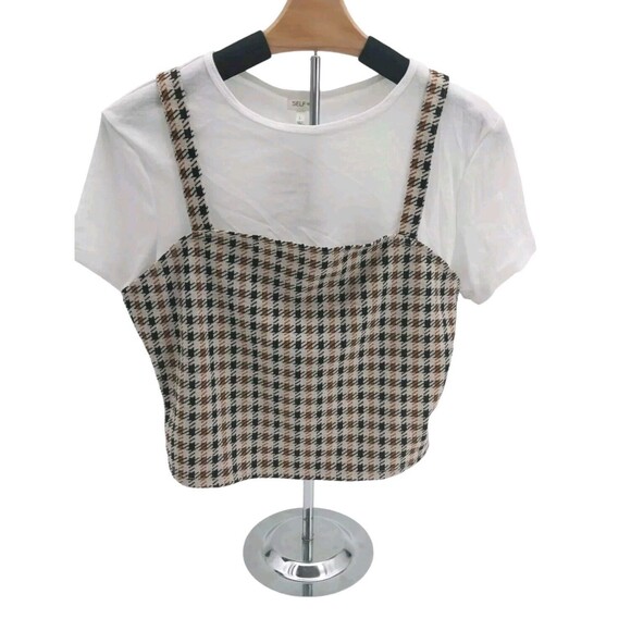 Self Esteem Women's Juniors' Printed Layer-Look Top Beige Large Plaid Coord New - Picture 3 of 16